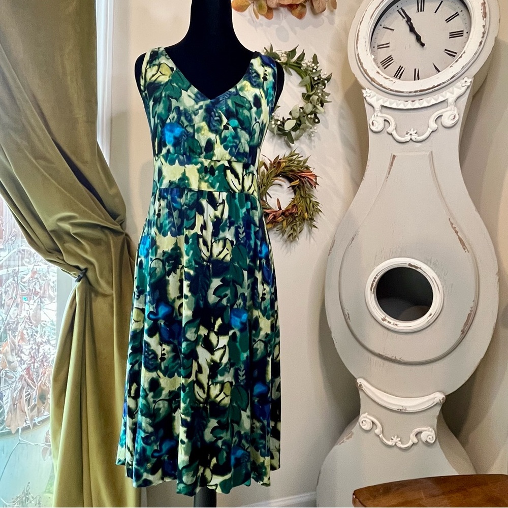 a.n.a Sleeveless V-Neck Floral Blue & Green Watercolor Print Dress